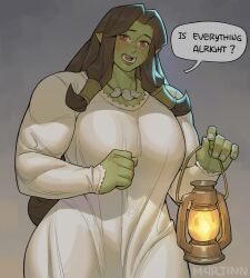  1girl black_hair breasts colored_skin commentary curvy female_orc fingernails fraeya_(m4rjinn) freckles green_lips green_skin hair_tubes highres holding holding_lantern huge_breasts jewelry lantern long_hair looking_at_viewer m4rjinn muscular muscular_female necklace nightgown orc original pointy_ears red_eyes scar scar_on_face scar_on_nose solo symbol-only_commentary teeth tooth_necklace tusks very_long_hair white_nightgown  rating:General score:26 user:danbooru