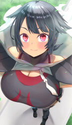  black_hair breasts cleavage closed_mouth creatures_(company) game_freak highres hizakake huge_breasts nintendo pokemon pokemon_oras red_eyes smile solo zinnia_(pokemon)  rating:Sensitive score:32 user:RIG