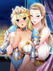  2girls armor blonde_hair blue_eyes blush breast_hold breasts breasts_out crown farasha_awar_crusch grabbing grabbing_another&#039;s_breast groping groping_breast highres huge_breasts incest indoors kyonyuu_princess_saimin large_breasts long_hair looking_at_viewer mature_female mother_and_daughter multiple_girls naughty_face one_breast_out open_mouth presenting_another queen tamanna_crusch tiara upper_body window yuri 