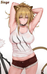  1girl animal_ears arknights armpits arms_behind_head arms_up bare_shoulders blonde_hair blush breasts brown_shorts character_name closed_mouth collar collarbone cowboy_shot cutoffs hair_between_eyes highres large_breasts laserflip lion_ears lion_tail long_hair looking_at_viewer midriff short_shorts shorts siege_(arknights) simple_background solo tail tank_top thighs white_background white_tank_top yellow_eyes  rating:Sensitive score:82 user:danbooru