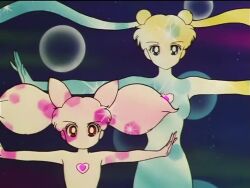  1990s_(style) 2girls age_difference animated bare_legs bishoujo_senshi_sailor_moon bishoujo_senshi_sailor_moon_supers blonde_hair blue_eyes breasts chibi_usa choker floating_hair glowing heart kiss leotard leotard_under_clothes magical_girl miniskirt multiple_girls multiple_views pink_hair red_eyes retro_artstyle sailor_chibi_moon sailor_moon sailor_senshi sailor_senshi_uniform skirt small_breasts sound tiara toei_animation transformation tsukino_usagi turnaround twintails v video wide_hips 
