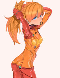  1girl absurdres ass blue_eyes bodysuit breasts cowboy_shot evangelion:_2.0_you_can_(not)_advance expressionless hair_tie_in_mouth highres long_hair looking_at_viewer mouth_hold neon_genesis_evangelion orange_bodysuit orange_hair plugsuit rebuild_of_evangelion skin_tight small_breasts solo souryuu_asuka_langley test_plugsuit twisted_torso tying_hair unthuku 