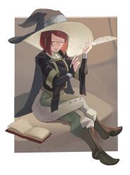  1girl absurdres bob_cut book boots bridal_gauntlets brown_footwear cape closed_eyes diagonal_bangs fire_emblem fire_emblem_awakening glasses hair_tubes hat highres kaphrin leather leather_boots miriel_(fire_emblem) nintendo quill red_hair witch_hat 