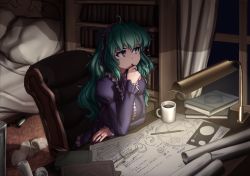 ahoge book bookshelf bottle chair curtains desk_lamp drawing frills green_eyes green_hair hater_(hatater) headdress highres jewelry juliet_sleeves lamp layla_prismriver long_hair long_sleeves looking_away magic_circle nail_polish pencil puffy_sleeves purple_nails ring scroll sitting slippers solo touhou wavy_hair window rating:Sensitive score:23 user:danbooru