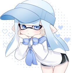  1girl black_shorts blue_eyes blue_hair blue_hat blue_trim commentary_request dolphin_shorts dot_nose hat heart heart_background highres inkling inkling_girl inkling_player_character leaning_forward long_hair looking_at_viewer nintendo pointy_ears sailor_collar sailor_shirt shirt shorts solo splatoon_(series) tentacle_hair visor_cap white_background zawanaka1120 