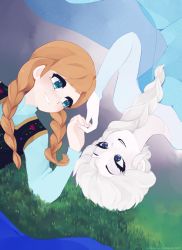 2girls anna_(frozen) blue_eyes braid brown_hair colored_skin disney dress elsa_(frozen) eye_contact freckles frozen_(disney) hachuu holding_hands looking_at_another multiple_girls open_mouth parted_lips rotational_symmetry siblings sisters twin_braids white_skin yuri rating:Sensitive score:9 user:danbooru