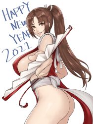  1girl 2021 ass bare_shoulders birthday breasts brown_eyes brown_hair covered_erect_nipples english_text fatal_fury fingernails hand_fan happy_new_year highres holding holding_fan japanese_clothes kurone_rinka large_breasts long_hair looking_at_viewer new_year ninja no_bra parted_lips pelvic_curtain ponytail revealing_clothes rope sash shiny_skin shiranui_mai sideboob simple_background smile snk solo teeth the_king_of_fighters thighs white_background  rating:Sensitive score:46 user:danbooru