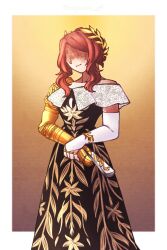  1girl amputee dress elbow_gloves elden_ring formal gloves highres laurel_crown malenia_blade_of_miquella mechanical_arms miqueliafantasia prosthesis prosthetic_arm red_hair single_mechanical_arm smile solo 