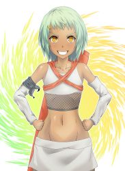  1girl backpack bag bare_shoulders detached_sleeves fuu_(naruto) green_hair grin hair_ornament hairclip hands_on_own_hips highres looking_at_viewer midriff naruto_(series) naruto_shippuuden navel orange_eyes smile solo standing  rating:Sensitive score:24 user:uio