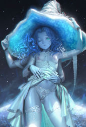  1girl absurdres alphonse_(white_datura) black_theme blue_hair blue_skin breasts breasts_out clothes_lift colored_skin cosplay cracked_skin crotchless crotchless_panties dated deathbed_smalls doll_joints dress elden_ring extra_arms extra_faces female_focus fia_the_deathbed_companion_(cosplay) flat_chest green_eyes hat highres jewelry joints lace lace-trimmed_legwear lace_trim large_hat loli looking_at_viewer nipples one_eye_closed panties partially_visible_vulva pearl_thong pussy ranni_the_witch ring shiny_skin signature skirt skirt_lift solo standing thighhighs underwear wedding_band witch witch_hat  rating:Explicit score:436 user:danbooru