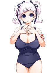  1girl armband bare_shoulders blue_eyes breasts chousokabe_ichiko cleavage cowboy_shot hair_ornament hair_ribbon hairclip happy huge_breasts interlocked_fingers large_breasts looking_at_viewer muchigaku navel one-piece_swimsuit open_mouth original own_hands_clasped own_hands_together pink_hair ribbon school_swimsuit short_hair short_twintails simple_background smile solo standing swimsuit thigh_gap torigoe_takumi twintails white_background white_hair 