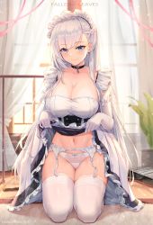  1girl absurdres apron azur_lane belfast_(azur_lane) blue_dress blue_eyes blush braid breasts chain cleavage collar collarbone commentary_request dress elbow_gloves fallen-leaves french_braid frills garter_belt garter_straps gloves highres kneeling large_breasts long_hair looking_at_viewer maid_headdress silver_hair simple_background smile solo swept_bangs waist_apron white_background white_legwear  rating:Explicit score:78 user:Anubis456