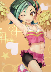 1girl ;d armpits bike_shorts breasts cheerleader collarbone female_focus green_hair heart highres midriff mizuki_kotori_(yu-gi-oh!) multicolored_hair navel one_eye_closed open_mouth pom_pom_(cheerleading) shiny_skin shoes simple_background small_breasts smile solo ts422 two-tone_hair wink yellow_eyes yu-gi-oh! yu-gi-oh!_zexal yuu-gi-ou yuu-gi-ou_zexal rating:Sensitive score:108 user:fakyuh
