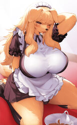  1girl :p animal_ears animal_nose apron arm_behind_head black_dress black_socks blonde_hair blush body_fur breasts cup dog_ears dog_girl dog_tail dress fang frills furry furry_female highres huge_breasts kishibe long_hair maid_apron maid_headdress name_tag one_eye_closed orange_eyes original shoes short_sleeves socks solo sweatdrop tail tea teacup thighs tongue tongue_out tray yellow_fur 