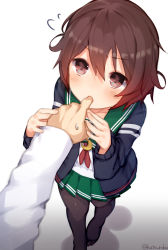 10s 1boy 1girl absurdres biting black_pantyhose blue_jacket blush brown_eyes brown_hair check_commentary commentary_request crescent crescent_pin eyebrows finger_biting finger_in_another&#039;s_mouth flying_sweatdrops gradient_hair green_skirt highres jacket kantai_collection katoroku looking_at_another multicolored_hair mutsuki_(kancolle) no_shoes out_of_frame pantyhose red_hair red_ribbon remodel_(kantai_collection) ribbon school_uniform serafuku shadow short_hair simple_background skirt sweatdrop thighhighs twitter_username white_background rating:Sensitive score:35 user:danbooru
