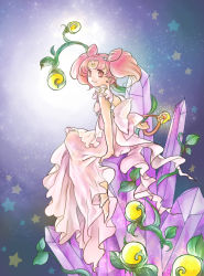  1990s_(style) 1girl barefoot bishoujo_senshi_sailor_moon bow chibi_usa cone_hair_bun crescent crescent_facial_mark crystal crystal_carillon double_bun dress facial_mark forehead_mark full_body hair_bun looking_back pink_dress pink_eyes pink_hair retro_artstyle short_hair sitting small_lady_serenity smile solo star_(symbol) starry_background sugieri twintails 
