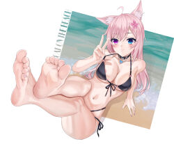  1girl absurdres ahoge animal_ear_fluff areola_slip arm_support barefoot bikini blue_eyes blush breasts closed_mouth commentary_request commission feet foot_focus foreshortening front-tie_bikini_top front-tie_top heterochromia highres large_breasts long_hair navel o-ring o-ring_bikini original pendant_choker pixiv_commission purple_eyes side-tie_bikini_bottom simple_background soles solo swimsuit toenails toes vrchat w white_background xo_(xo17800108)  rating:Sensitive score:16 user:danbooru