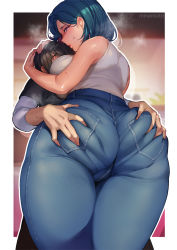  1boy 1girl age_difference arms_around_head ass ass_focus ass_grab blue_hair breast_smother breasts brown_hair denim face_to_breasts huge_ass jeans large_breasts lipstick looking_at_viewer looking_back makeup mature_female minamoto_(mutton) original pants red_eyes shirt short_hair sleeveless sleeveless_shirt steam sweatdrop  rating:Questionable score:338 user:blazing_dynamo