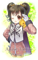 00s 1girl ;d anise_tatlin black_hair character_name doll dress female_focus gloves gradient_background hanamura_mai long_hair one_eye_closed open_mouth smile solo tales_of_(series) tales_of_the_abyss tokunaga_(tales) twintails white_background white_gloves wink rating:Sensitive score:0 user:danbooru