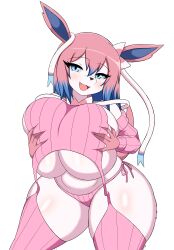  1girl ass blue_eyes blue_hair breasts creatures_(company) eyebrows fang furry furry_female game_freak gen_6_pokemon hair_between_eyes hands_on_breasts huge_ass huge_breasts meme_attire multicolored_hair nintendo open_mouth pink_fur pink_hair pokemon ribbon soulkibble sylveon tail two-tone_hair virgin_destroyer_sweater 