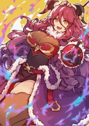  1girl :d black_gloves breasts cleavage commentary dragalia_lost dragon_horns english_commentary fang frostfiresoul fur_trim gloves hair_between_eyes highres horns large_breasts long_bangs long_hair looking_at_viewer mym_(dragalia_lost) open_mouth orange_eyes red_hair skin_fang smile solo thighhighs very_long_hair 