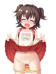 1girl akagi_miria black_hair blush cleft_of_venus closed_eyes collarbone cowboy_shot double_v fat_mons female_focus flat_chest gluteal_fold hair_between_eyes highres idolmaster idolmaster_cinderella_girls lifting_own_clothes loli long_sleeves musouzuki navel open_mouth panties panty_pull pussy red_skirt shirt skirt solo standing transparent transparent_background uncensored underwear v rating:Explicit score:283 user:Domestic_Importer