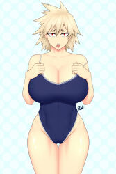  1girl bakugou_mitsuki blonde_hair boku_no_hero_academia breasts cleavage highres looking_at_viewer mature_female one-piece_swimsuit open_mouth red_eyes solo swimsuit tsuki_riven 