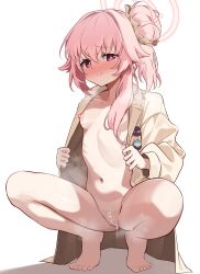  1girl absurdres blue_archive breasts cleft_of_venus coat diu1 flashing hair_bun halo highres naked_coat natsu_(band)_(blue_archive) natsu_(blue_archive) navel open_clothes pink_eyes pink_hair pussy simple_background small_breasts squatting steam steaming_body white_background 