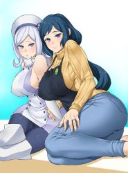  2girls aila_jyrkiainen bare_shoulders beret blue_eyes blue_hair blush boots breasts curvy elbow_gloves fur_trim gloves gradient_background gundam gundam_build_fighters hand_on_own_thigh hat iori_rinko jewelry large_breasts long_hair looking_at_viewer mature_female multiple_girls open_mouth pantyhose ponytail ribbed_sweater ring sideboob silver_hair simple_background sitting smile solid_air sweat sweater thigh_boots thighhighs turtleneck wedding_ring 