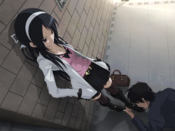 1boy 1girl bag bdsm black_hair boots breasts couple femdom licking_foot foot_worship from_above hairband hands_in_pockets hetero high_heels jewelry licking long_hair miniskirt necklace nm_(tshell2761) original out_of_frame public_indecency shoes skirt small_breasts standing thighhighs wall zettai_ryouiki rating:Questionable score:236 user:danbooru