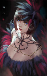  1girl anna_williams bare_shoulders blue_eyes breasts brown_hair cleavage closed_mouth commentary_request dress feather_hair_ornament feathers fur_trim hair_ornament jewelry large_breasts looking_at_viewer multicolored_hair necklace phamoz red_lips short_hair sleeveless sleeveless_dress solo tattoo tekken tekken_7  rating:Sensitive score:19 user:danbooru