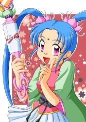  1girl absurdres blue_hair eyelashes facial_mark female_focus finger_to_mouth floral_print flower forehead forehead_mark freckles green_sleeves hand_gesture heart highres holding kawai_sasami long_hair long_sleeves looking_at_viewer magical_girl mahou_shoujo_pretty_sammy miniskirt open_mouth pink_eyes pleated_skirt pretty_sammy pretty_sammy_(character) ribbon skirt smile solo tenchi_muyou! turtle twintails very_long_hair wand white_skirt 