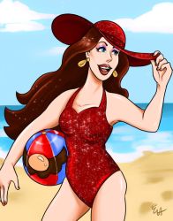  1girl beach breasts cleavage donkey_kong_(series) earrings hat highres jewelry lipstick makeup mario_(series) nail_polish nintendo one-piece_swimsuit pauline_(mario) red_one-piece_swimsuit sparkle sun_hat super_mario_odyssey swimsuit  rating:Sensitive score:10 user:Nessafan69