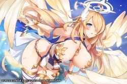 1girl :o ahoge angel angel_wings bare_shoulders between_breasts blue_eyes blue_ribbon blue_sky blush bouncing_breasts bracelet bracer breasts character_request choker cleavage cloud collarbone copyright_name copyright_notice cruel_gz day falling_feathers feathered_wings feathers flying gold gold_trim groin hair_over_one_eye halo highres jewelry large_breasts light_particles long_hair looking_at_viewer midair necklace official_art one_eye_covered outdoors revealing_clothes ribbon shiny_skin sky solo star_(symbol) star_halo star_necklace thighhighs twinkle_star_knights white_thighhighs wing_hair_ornament wings yellow_wings rating:Sensitive score:23 user:danbooru