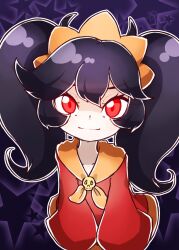  1girl ashley_(warioware) black_hair dress eyelashes hairband highres looking_at_viewer neckerchief nintendo orange_hairband orange_neckerchief orange_trim purple_background red_dress red_eyes red_mist skull_brooch sleeves_past_wrists smile solo star_(symbol) starry_background twintails warioware 