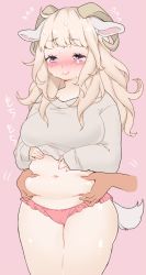 10s 1girl :&gt; animal_ears belly belly_grab blonde_hair blush breasts clothes_lift final_fantasy final_fantasy_xiv frilled_panties frills full-face_blush goat_ears grey_shirt horns large_breasts long_hair long_sleeves navel panties pink_background pink_panties plump purple_eyes shirt shirt_lift simple_background smile solo_focus squeezing sweat tears underwear wagashi_(goma_dango) warrior_of_light_(ff14) rating:Questionable score:51 user:danbooru
