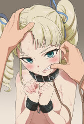  1boy 1girl aikatsu! aikatsu!_(series) areola_slip bdsm belt_collar black_collar blonde_hair blue_eyes blue_ribbon blush bondage bondage_cuffs bound breasts clenched_hands clenched_teeth collar cuffs drill_hair drill_sidelocks fang finger_in_another&#039;s_mouth gradient_background grey_background hair_ribbon hand_on_another&#039;s_head handcuffs hands_on_own_chest head_tilt heavy_breathing hetero highres leash loli looking_at_viewer male_hand mouth_pull nude nude_filter osame parted_lips pov ribbon short_hair sidelocks slave small_breasts solo_focus sweat teeth third-party_edit todo_yurika twintails upper_body upturned_eyes  rating:Questionable score:170 user:lemondeath