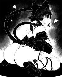  1girl :d animal_ears ass blunt_bangs braid breasts butt_crack cat_ears cat_girl cat_tail closed_mouth curvy extra_ears full_body greyscale haseru_(ginku_mh) heart huge_breasts kaenbyou_rin looking_at_viewer medium_hair monochrome multiple_tails nekomata open_mouth pointy_ears side_braid sidelocks smile solo tail thong tongue tongue_out touhou two_tails 