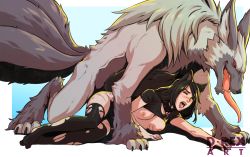 1boy 1girl all_fours animal_ears animal_hands artist_name bestiality black_hair black_legwear black_shirt blue_background blush breasts breasts_out collar commentary d-rex fangs fur furry furry_male furry_with_non-furry gradient_background grey_fur hetero highres interspecies long_hair long_hiar long_tongue lying medium_breasts nipples no_bra no_shoes on_side one_eye_closed open_mouth original rape red_eyes sex sex_from_behind shirt spiked_collar spikes tail thighhighs tongue tongue_out torn_clothes torn_legwear werewolf wince wolf_ears wolf_tail yellow_eyes rating:Explicit score:121 user:danbooru