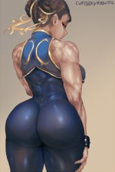 1girl alternate_costume artist_name ass bare_shoulders breasts brown_background brown_hair capcom chun-li cutesexyrobutts double_bun from_behind gradient_background hair_bun hair_ribbon highres huge_ass large_breasts looking_at_viewer looking_back muscular muscular_female ribbon short_hair skin_tight sleeveless solo street_fighter street_fighter_zero_(series) studded_bracelet thick_thighs thighs toned vest wide_hips rating:Sensitive score:226 user:danbooru