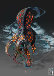 artist_name claws cthulhu_mythos gradient_background grey_background highres hound_of_tindalos monster no_humans open_mouth tail takayama_dan tentacles 