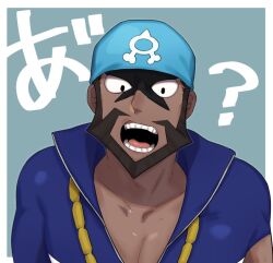  1boy archie_(pokemon) bandana beard black_eyes blue_bandana blue_bodysuit bodysuit border brown_hair collarbone commentary_request creatures_(company) dark-skinned_male dark_skin diving_suit facial_hair game_freak grey_background jewelry kxyosp logo looking_at_viewer male_focus necklace nintendo open_mouth outside_border pokemon pokemon_oras short_hair solo team_aqua teeth tongue upper_body wetsuit white_border 