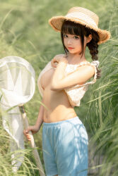  1girl absurdres asian bare_shoulders black_eyes black_hair breasts chinese_(nationality) chunmomo0127 clothes_lift dress grass hat highres knees large_breasts legs looking_at_viewer net photo_(medium) pig_tail pigtail_braids sandals shirt_lift shorts solo straw_hat sundress sunlight tagme tail underboob  rating:Sensitive score:44 user:Super_Loli