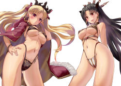 2girls adjusting_hair arched_back armadillo-tokage arms_behind_back bikini black_bikini blonde_hair blush bracelet breasts brown_hair cape cloak commentary_request crown earrings ereshkigal_(fate) fate/grand_order fate_(series) hair_ribbon hand_on_own_hip highleg highleg_bikini highres hip_focus hood hooded_cloak ishtar_(fate) jewelry large_breasts looking_at_viewer looking_to_the_side multiple_girls navel open_mouth parted_bangs red_cape red_eyes ribbon simple_background smile swimsuit thighs tohsaka_rin twintails underboob white_background white_bikini rating:Sensitive score:45 user:danbooru