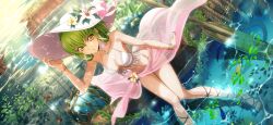  1girl adjusting_clothes adjusting_headwear angelfish arm_up artist_request bikini blue_gemstone bracelet braid breasts brown_footwear c.c. caustics cleavage clownfish code_geass code_geass:_lost_stories crown_braid day dutch_angle female_focus fish flower game_cg gem gold green_hair groin hair_between_eyes hair_ribbon hair_rings hat hat_flower hat_ribbon highres jewelry knees_together_feet_apart lace lace-trimmed_bikini lace_trim leaning_forward leaves lily_(flower) looking_at_viewer medium_breasts navel non-web_source o-ring o-ring_bikini o-ring_bottom oar official_art outdoors parted_lips partially_submerged pink_ribbon pink_sarong ribbon rope rowboat sandals seaweed see-through_sarong shiny_skin shipwreck short_hair sidelocks sitting solo sparkle standing stomach sun_hat surgeonfish swimsuit teeth thighs wading water white_hat white_ribbon yellow_eyes yellow_flower 