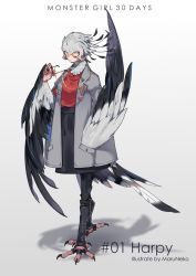  1girl claws coat feathered_wings female_focus harpy looking_at_viewer maruneko monster_girl simple_background solo wings  rating:Sensitive score:2 user:wanna