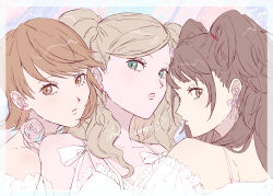  3girls absurdres alternate_costume animal_ears bare_shoulders blonde_hair blue_eyes bow brown_eyes brown_hair choker collarbone commentary_request dress ear_ribbon earrings flower flower_choker from_behind from_side heart highres in-franchise_crossover jewelry kujikawa_rise light_brown_hair long_hair looking_at_viewer looking_back looking_to_the_side multiple_girls neck_flower off-shoulder_dress off_shoulder parted_lips persona persona_3 persona_4 persona_5 pink_flower pink_rose profile rose short_hair spaghetti_strap stud_earrings swept_bangs takamaki_anne takeba_yukari tarot the_lovers_(tarot) trait_connection twintails upper_body usa_(kawaii_152cm) wavy_hair white_dress 