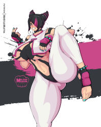  1girl absurdres alternate_breast_size artist_logo artist_name black_hair bracelet breasts capcom curvy female_focus hair_horns han_juri highres huge_breasts impossible_clothes ink jewelry large_breasts leg_up leggings mrstudmuffin multicolored_hair navel patreon_username pink_hair spiked_bracelet spikes street_fighter street_fighter_6 tagme thick_thighs thighs white_background 