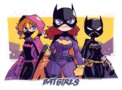  3girls absurdres animification barbara_gordon batgirl batman_(series) belt black_cape blonde_hair blue_eyes bodysuit boots breasts cape cassandra_cain clenched_hand clenched_hands closed_mouth dc_comics emblem flat_color frown full_body gloves highres hood hooded_cape long_hair looking_at_viewer mask midair multiple_girls purple_cape purple_gloves rariatto_(ganguri) red_hair spoiler_(dc) stephanie_brown superhero_costume twitter_username utility_belt yellow_background 