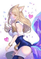 1girl absurdres ahri_(league_of_legends) animal_ears bare_shoulders blonde_hair blush breasts choker fox_ears fox_tail heart highres k/da_(league_of_legends) k/da_ahri large_breasts league_of_legends long_hair looking_at_viewer looking_back meowlian official_alternate_costume smile solo tail thighhighs yellow_eyes rating:Sensitive score:22 user:danbooru